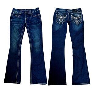 MISS ME DARK WASH WESTERN‎ EMBROIDERED SIGNATURE BOOT CUT JEANS SZ. 28" EUC